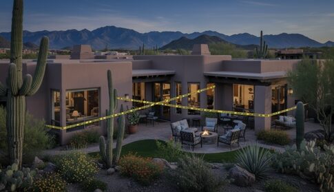 Desert home with outdoor seating and cacti in the foreground