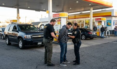 Police officers arresting a suspect at a gas station