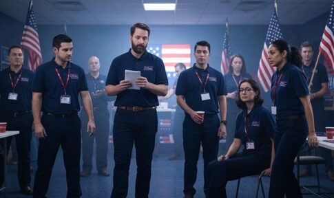 A group of individuals in navy shirts gathered for a meeting with American flags in the background