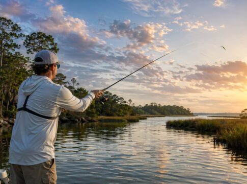 Person fishing at sunset on a calm river