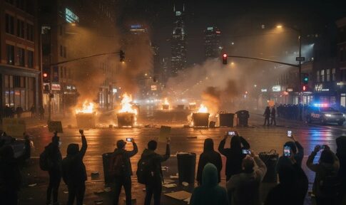 A nighttime protest scene with fires and people holding phones