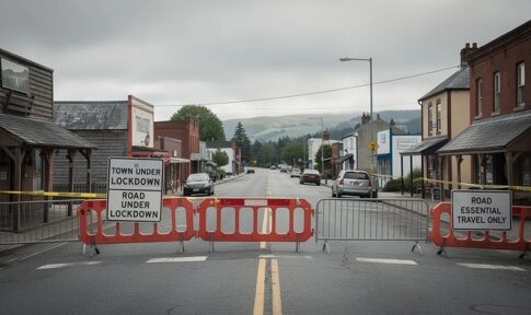 Road closure signs indicating a town lockdown