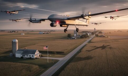 Aerial view of drones flying over a rural landscape with a farmhouse