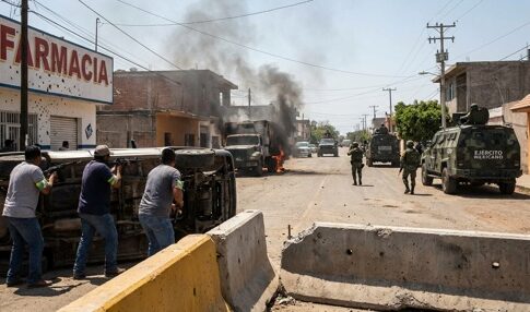 Scene of urban conflict with military vehicles and overturned cars