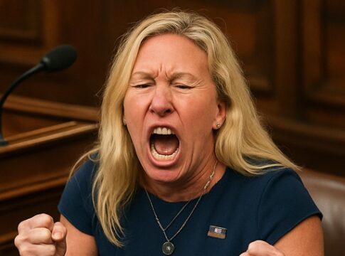 A woman with blonde hair passionately expressing her emotions during a government hearing